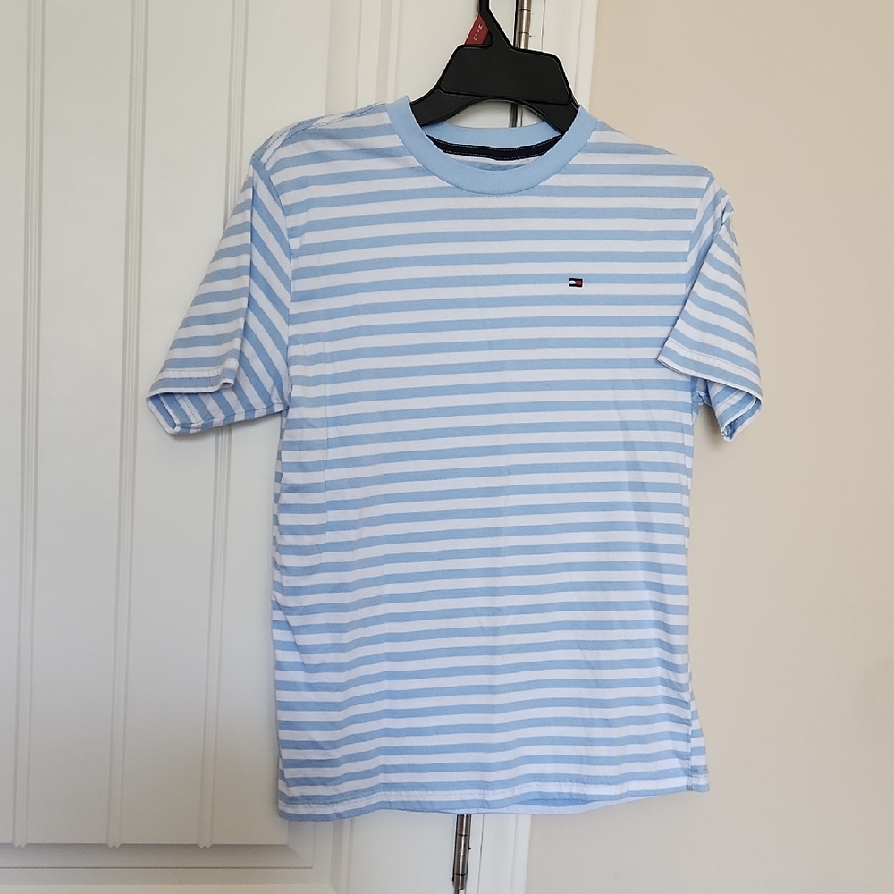 Tommy Hilfiger Young Men Blue Striped Shirt (size LG 16/18)